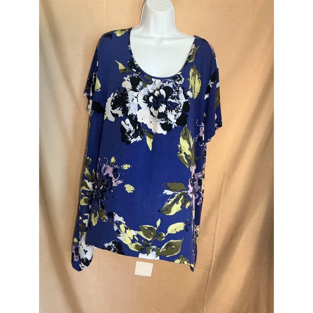 Jaclyn Smith Collection Top Women 3X Blue Floral Excellent Sharkbite Hem Blouse